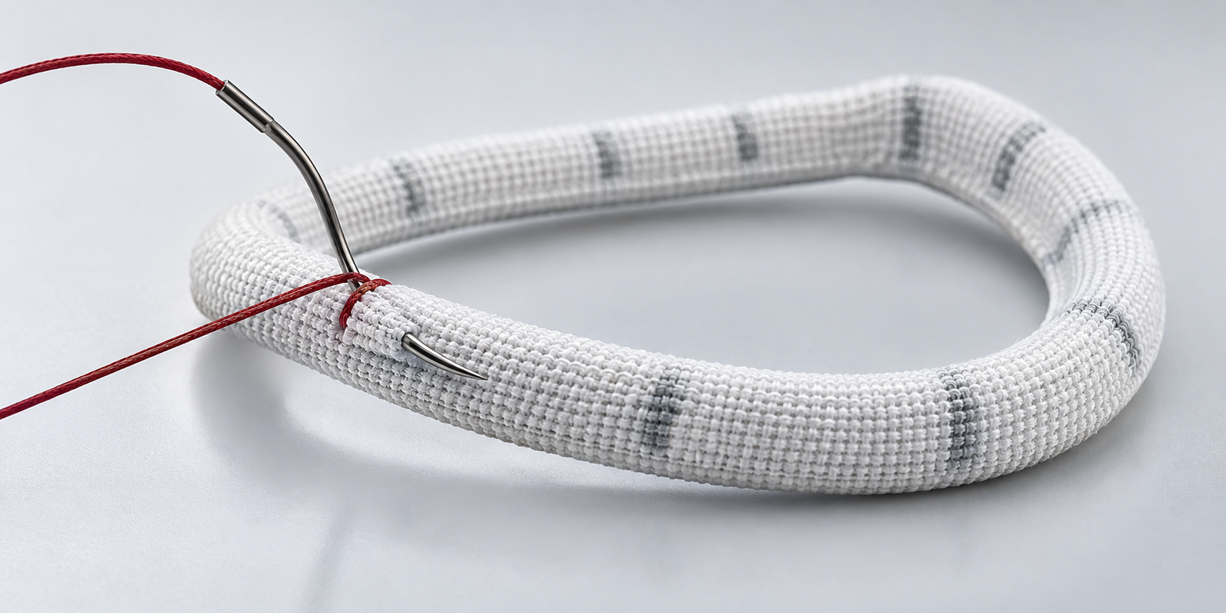 Curved surgical needle carrying red suture through the textile covering of an annuloplasty repair ring