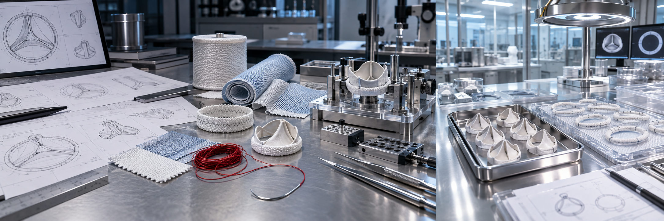Continuous medical engineering workbench moving from component drawings through assembly tooling to inspected cardiac textile components
