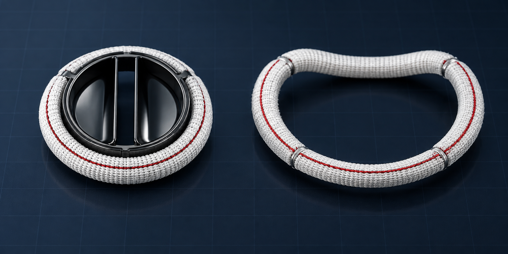 Mechanical valve sewing cuff beside a textile covered annuloplasty repair ring
