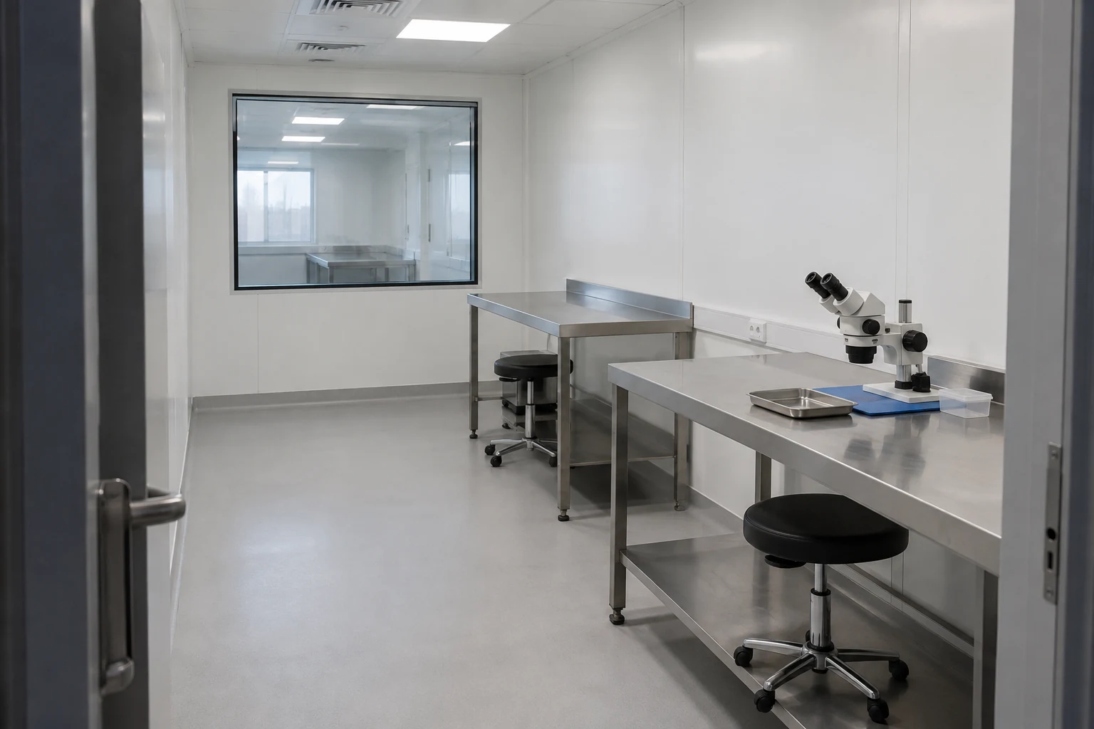 controlled cleanroom with stainless steel work benches