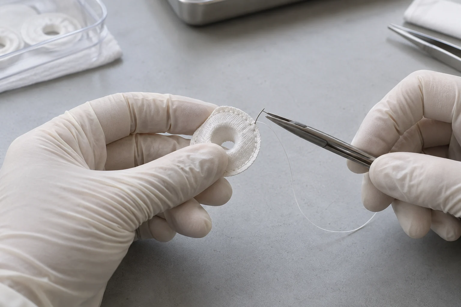 gloved hands sewing medical textile