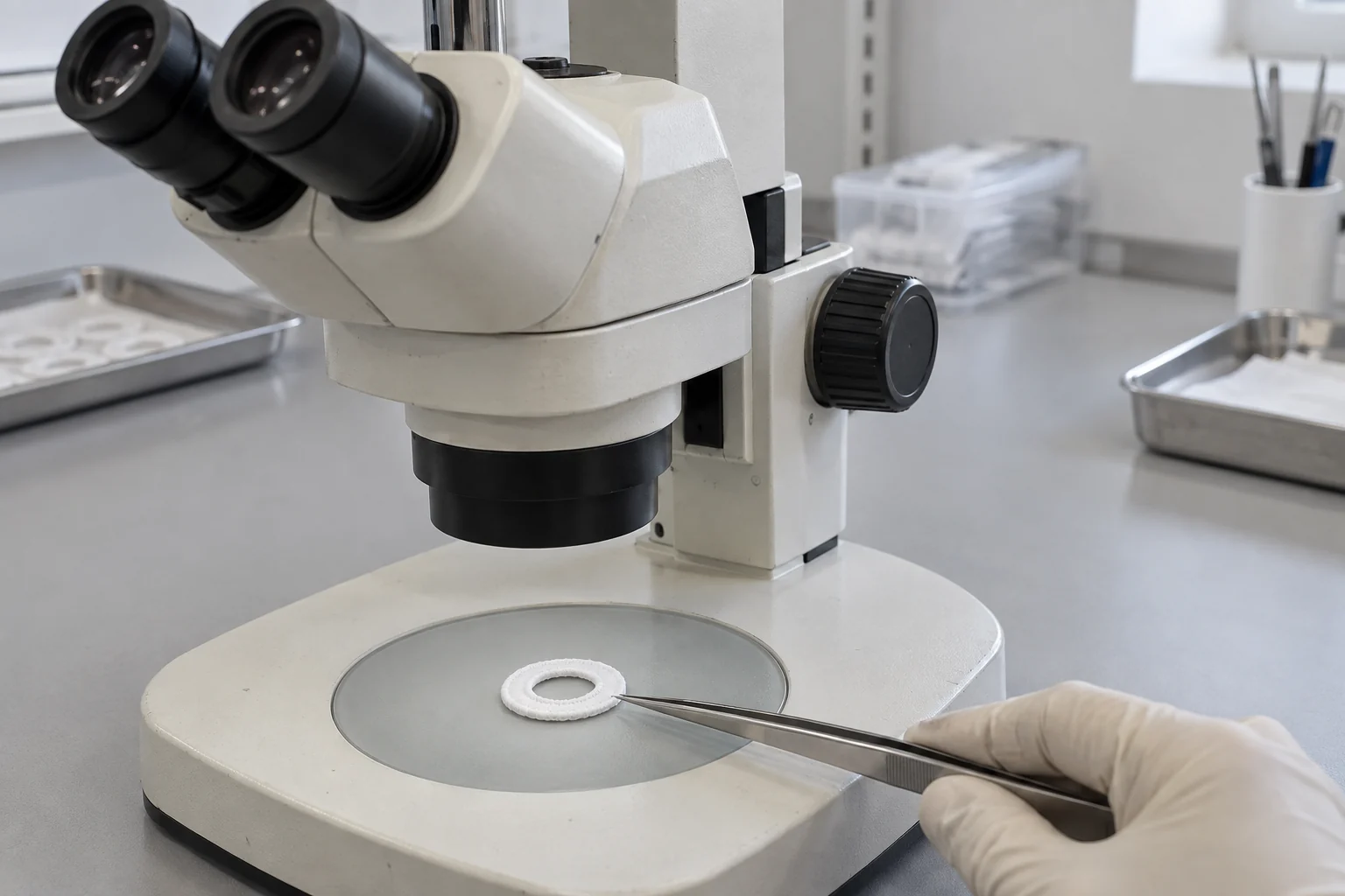 Small textile ring beneath a stereo microscope with fine forceps at its edge