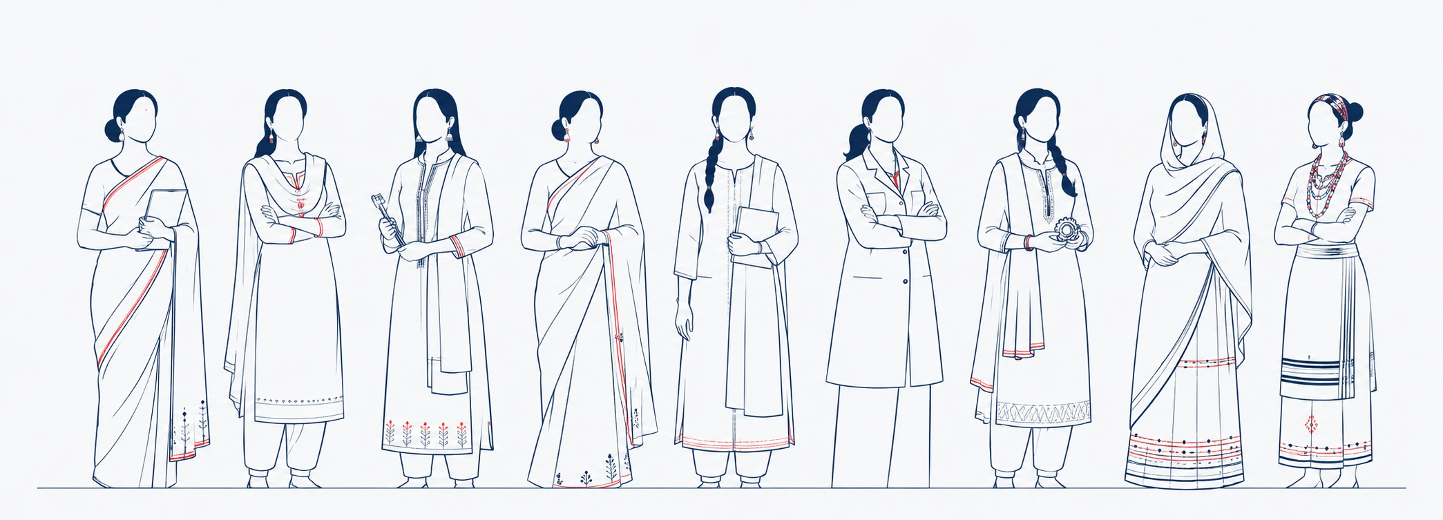 Line illustration of women in textile, technical and quality roles